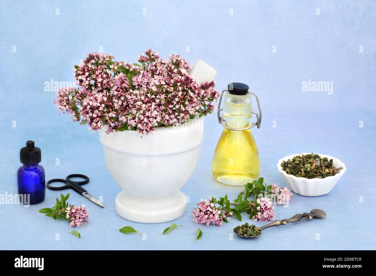 Oregano naturopathic erboristeria con fiori e foglie di erbe utilizzate nella preparazione di olio essenziale. Può alleviare i sintomi IBS, è antibatterico, anti infl Foto Stock