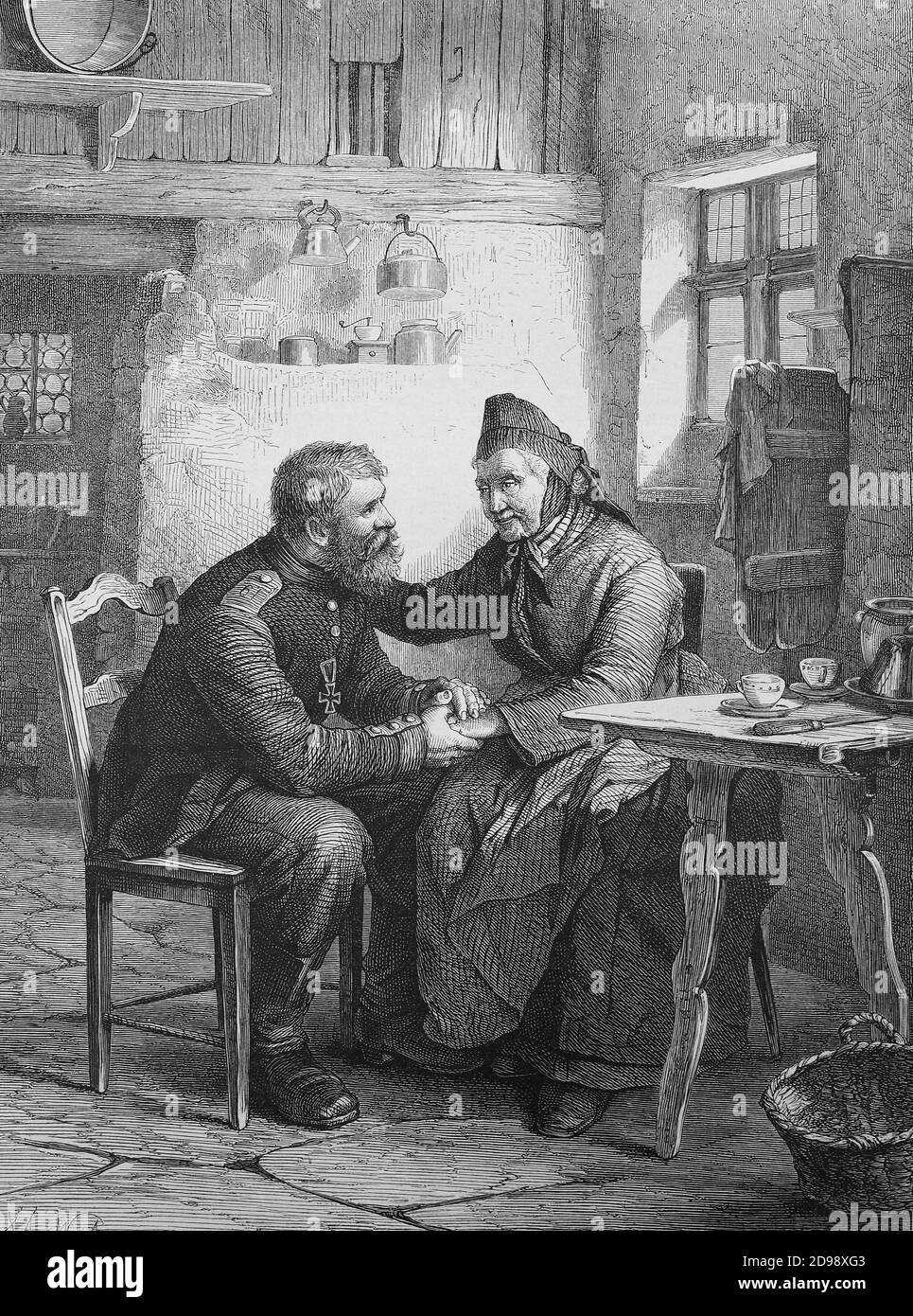 Soldato che viene a casa dalla guerra franco-prussiana accoglie sua madre, Germania, 1871 / Soldat der aus dem Deutsch-Französischen Krieg heimkommt, begrüßt seine Mutter, Deutschland, 1871, Historisch, storico, digitale riproduzione migliorata di un originale del 19 ° secolo / digitale Reproduktion einer Originalvollage aus dem 19. Jahrhundert, Foto Stock