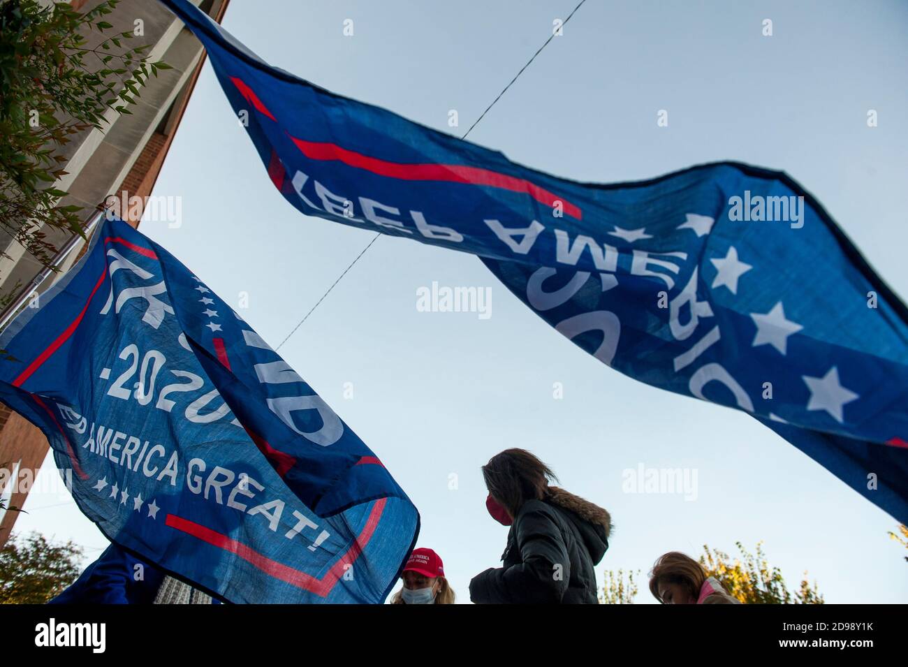 Alessandria, Stati Uniti d'America. 03 Nov 2020. I sostenitori di Trump salutano gli elettori al di fuori della zona di voto alla Lyles-Crouch Traditional Academy il giorno delle elezioni ad Alessandria, Virginia, martedì 3 novembre 2020. Credit: Rod Lamkey/CNP | Usage worldwide Credit: dpa/Alamy Live News Foto Stock