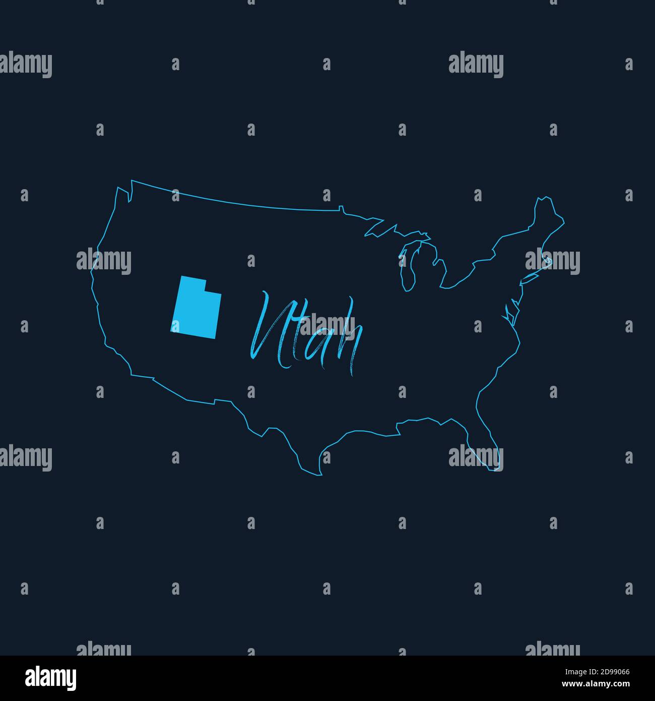Stato dello Utah evidenziato sulla mappa degli Stati Uniti d'America , modello infografico degli Stati Uniti. Illustrazione vettoriale dello stock isolata su sfondo blu. Illustrazione Vettoriale