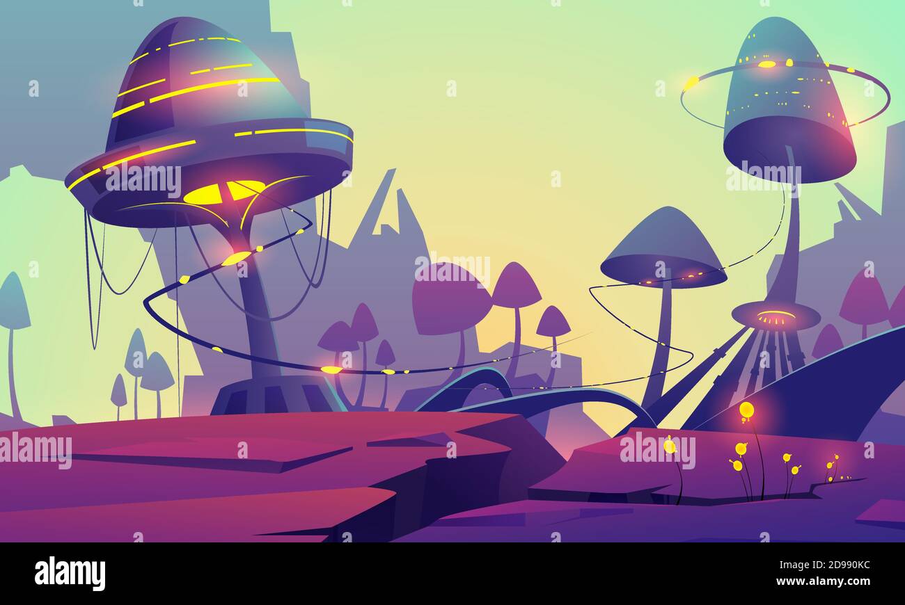 Paesaggio fantasy con funghi magici e piante incandescenti. Cartoni animati vettoriali illustrazione di natura aliena fantastica con giganteschi toadstools e montagne. Scena mistica all'aperto con funguse Illustrazione Vettoriale