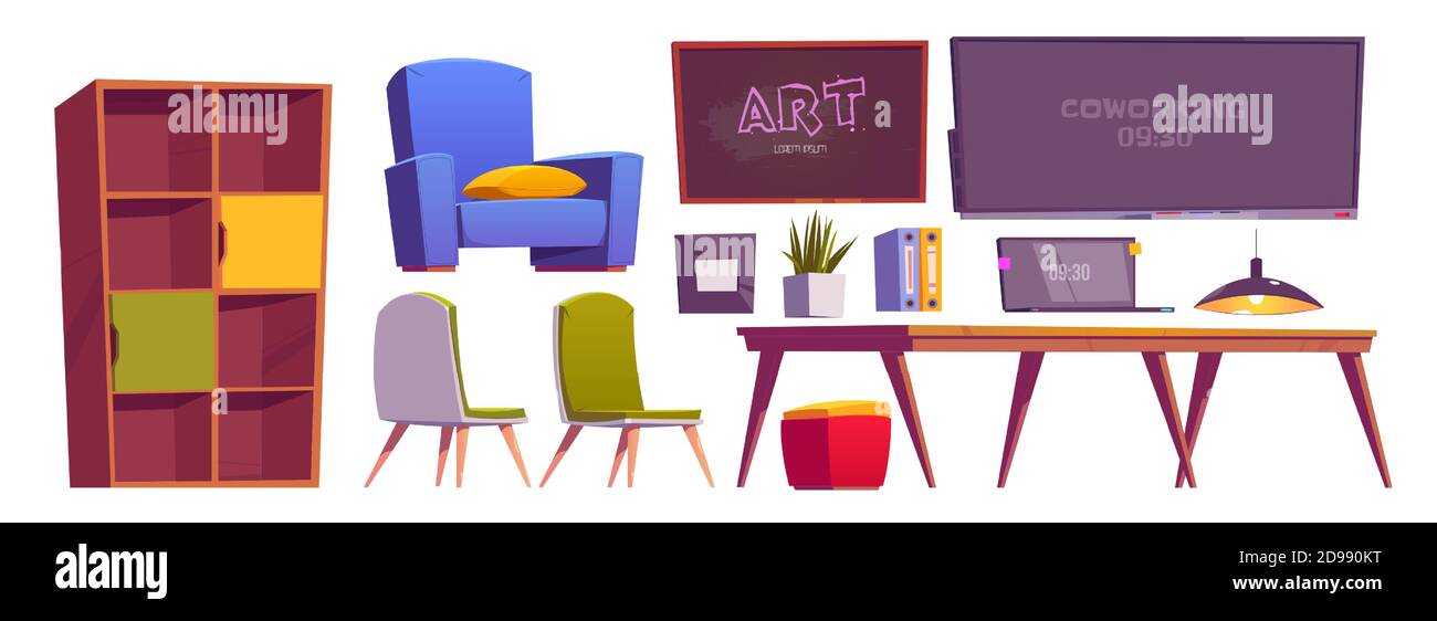 Spazio di coworking materiale interno, mobili e attrezzature laptop, scrivania, poltrone e lavagna, scaffale e cancelleria, zona di lavoro degli impianti, area per il lavoro di squadra d'arte, set vettoriale cartoon freelance sul posto di lavoro Illustrazione Vettoriale