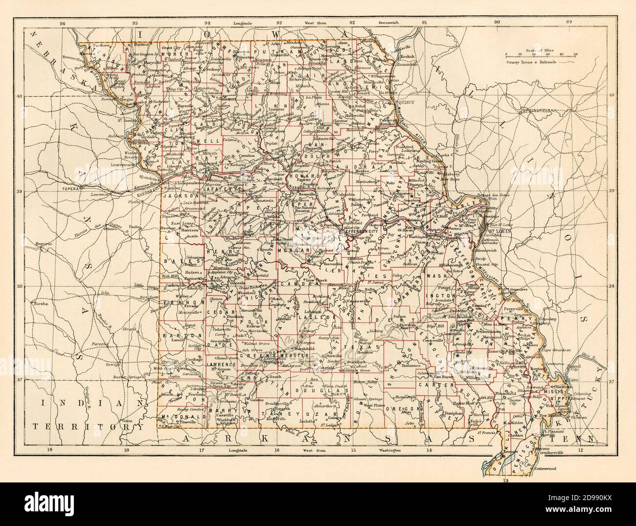 Mappa del Missouri, 1870. Litografia a colori Foto Stock