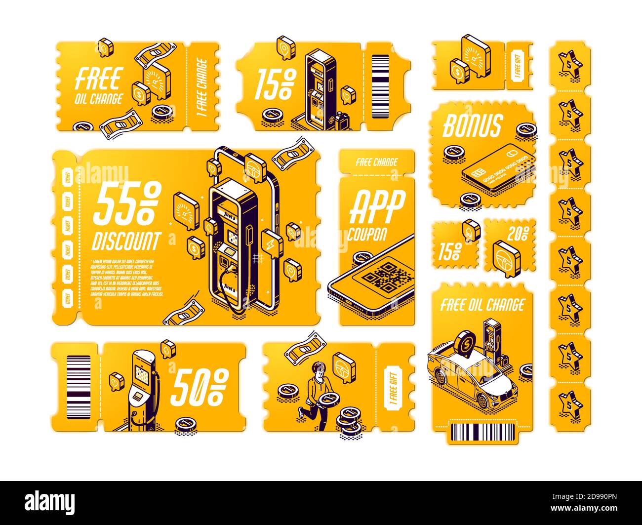 Buoni sconto isometrici per cambio olio gratuito, buoni regalo per il servizio auto, buoni sconto con stazione di servizio e monete, biglietti per linea vettoriale 3d, offerta per set di manutenzione veicoli Illustrazione Vettoriale
