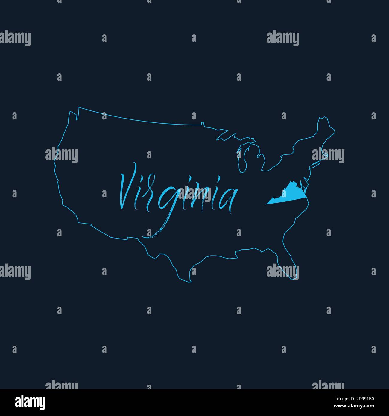 Stato della Virginia evidenziato sulla mappa degli Stati Uniti d'America , modello infografico degli Stati Uniti. Illustrazione vettoriale dello stock isolata su sfondo blu. Illustrazione Vettoriale