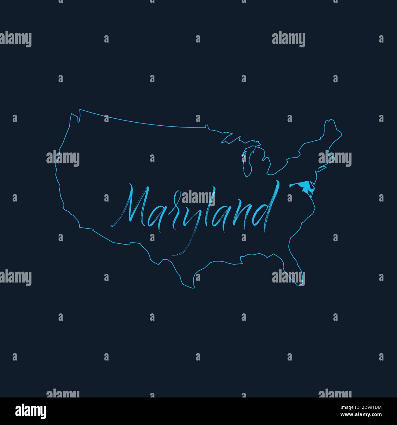 Stato del Maryland evidenziato sulla mappa degli Stati Uniti d'America , modello infografico degli Stati Uniti. Illustrazione vettoriale dello stock isolata su sfondo blu. Illustrazione Vettoriale