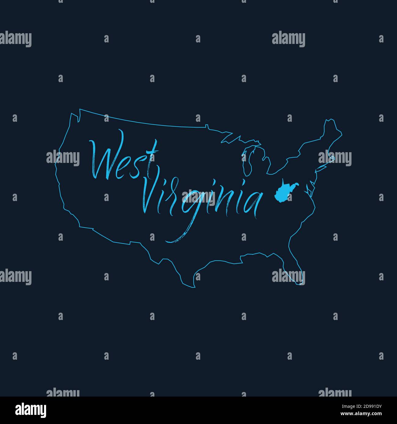 Stato della Virginia Occidentale evidenziato sulla mappa degli Stati Uniti d'America , modello di infografia degli Stati Uniti. Illustrazione vettoriale dello stock isolata su sfondo blu. Illustrazione Vettoriale