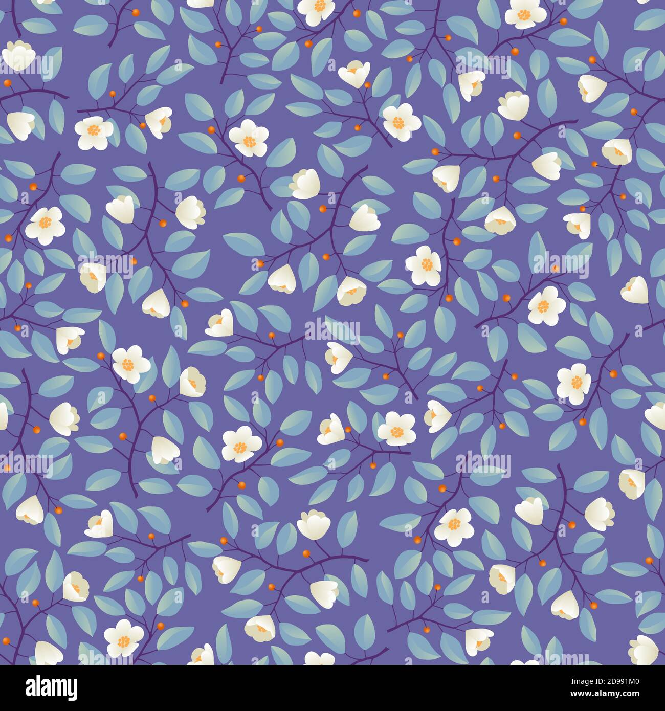 Sfondo floreale - motivo senza cuciture, rami con foglie e fiori crema chiaro su viola. Illustrazione vettoriale, disegno per carta da parati, tessuto, tessuto, avvolgimento. Illustrazione Vettoriale