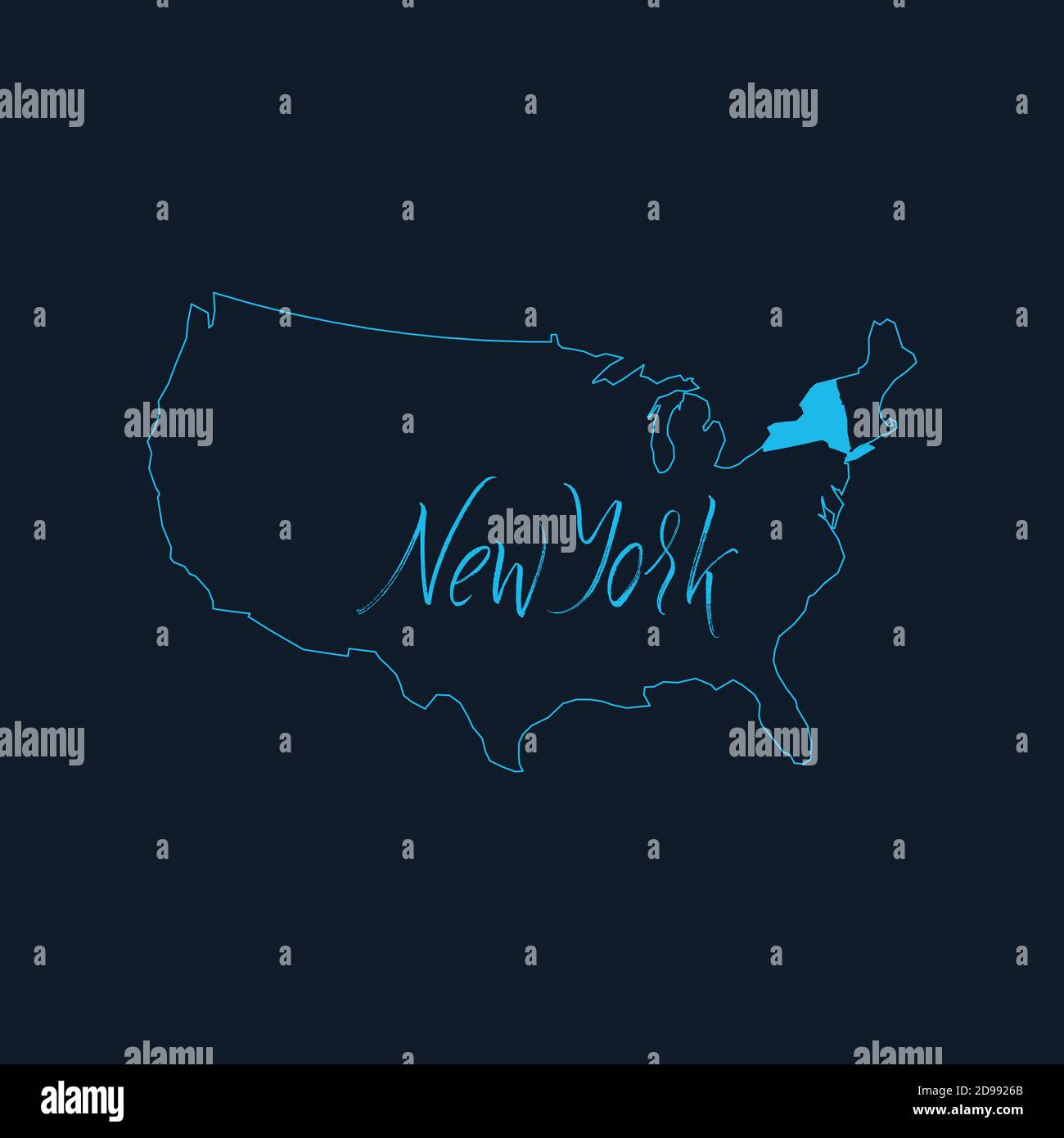 Stato di New York evidenziato sulla mappa degli Stati Uniti d'America , modello di infografia degli Stati Uniti. Illustrazione vettoriale dello stock isolata su sfondo blu. Illustrazione Vettoriale
