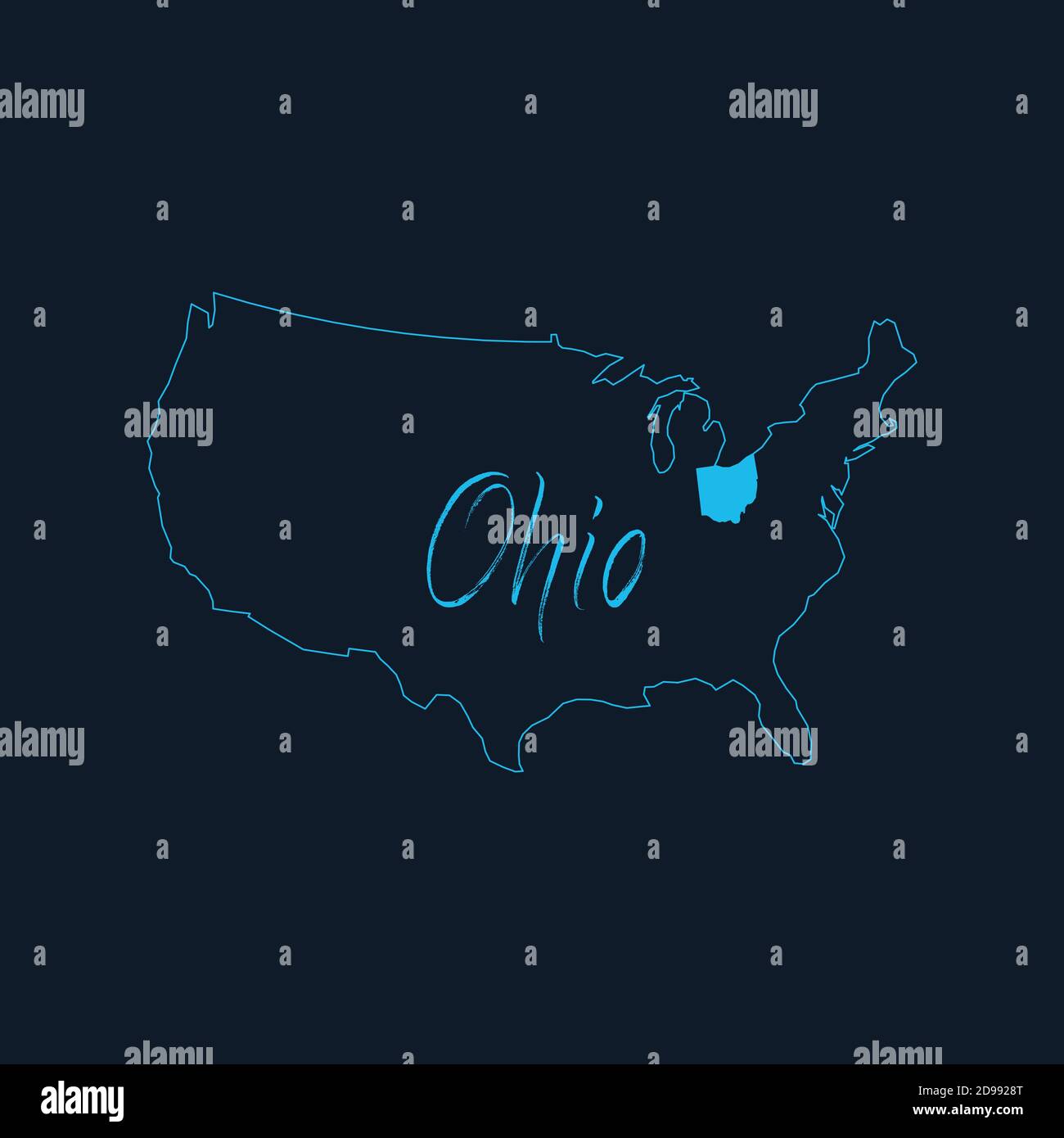 Stato dell'Ohio evidenziato sulla mappa degli Stati Uniti d'America , modello infografico degli Stati Uniti. Illustrazione vettoriale dello stock isolata su sfondo blu. Illustrazione Vettoriale