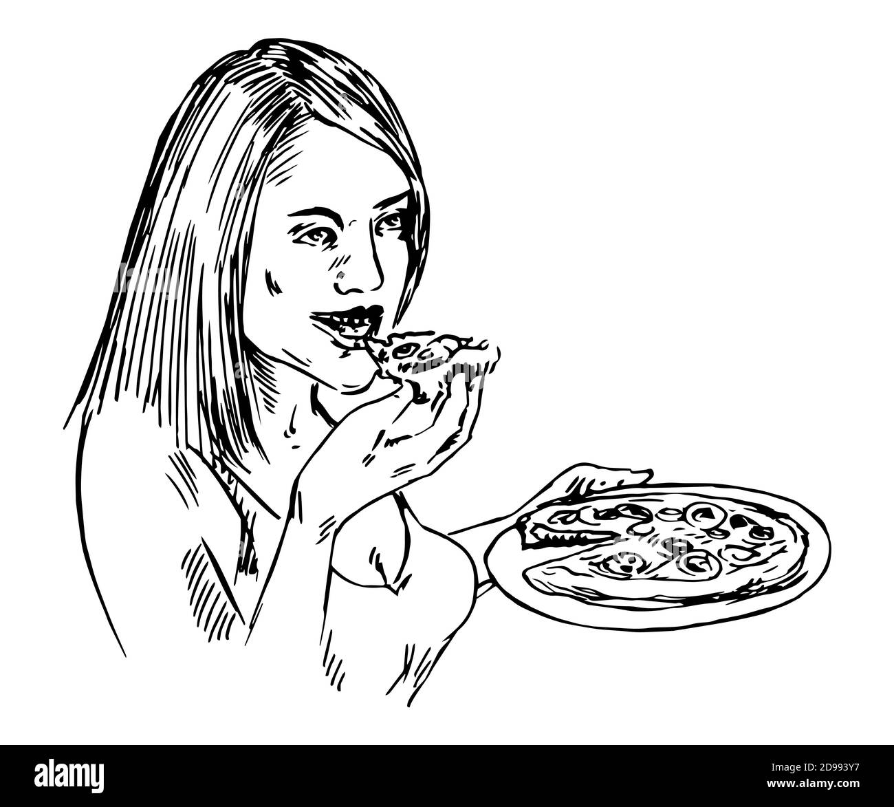 Ragazza che mangia fetta di pizza calda e gustosa, doodle disegnato a mano, illustrazione di schizzo Foto Stock