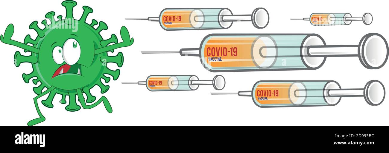 siringa con il vaccino insegue il coronavirus Illustrazione Vettoriale