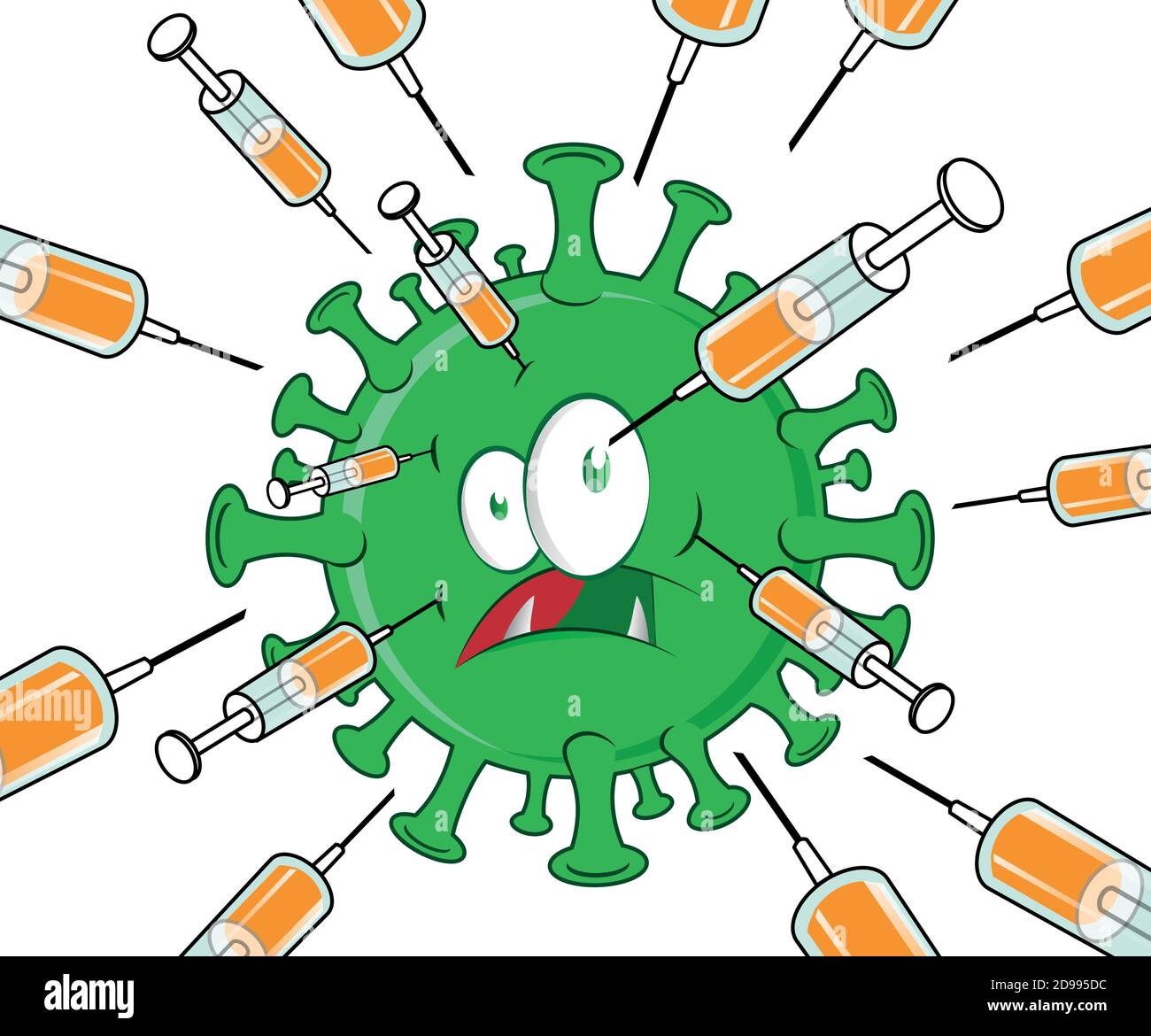 siringa con vaccino attacca il covid -19 coronavirus. cartoon clip art Illustrazione Vettoriale