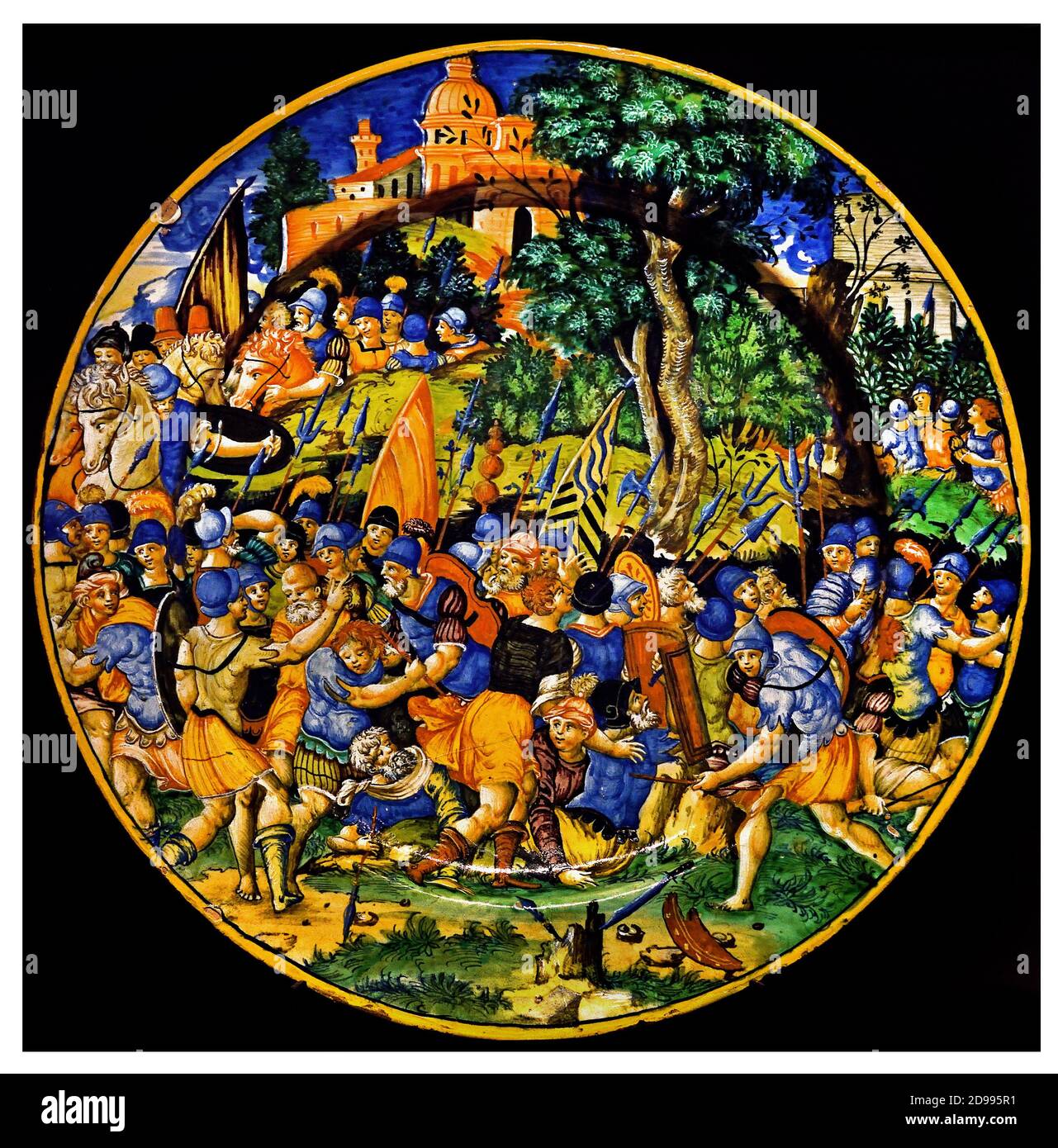 Piatto con una battaglia tra Giulio Cesare e Pompeo 1543 Orazio Fontana 1510-1571 Urbino ( il Farsalo, nella Grecia orientale, fu il luogo di una battaglia decisiva nel 48 a.C. tra due dei più grandi generali di Roma: Pompeo il Grande e Giulio Cesare. ) Italia, Italiano Foto Stock