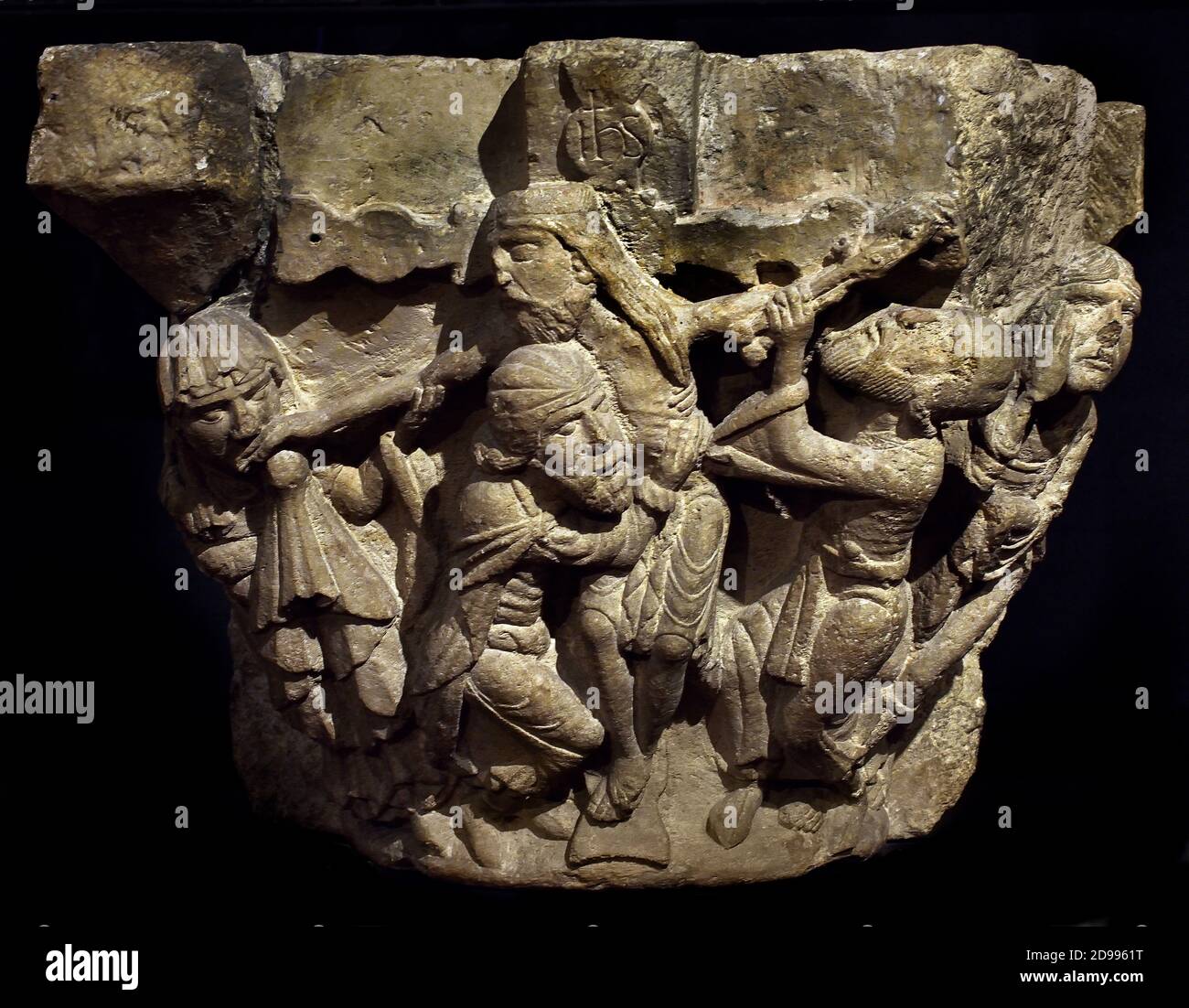 Risurrezione e dubbio del Santo Cristo Capitales de la Igelesia del Monasterio - capitelli romanici della Chiesa del Monastero (Aguilar de Campoo) Palencia. Spagna, Spagnolo, Capitoli in architettura la capitale (dal latino caput, o 'capo') o capitello forma il membro più in alto di una colonna (o un pilaster). Foto Stock