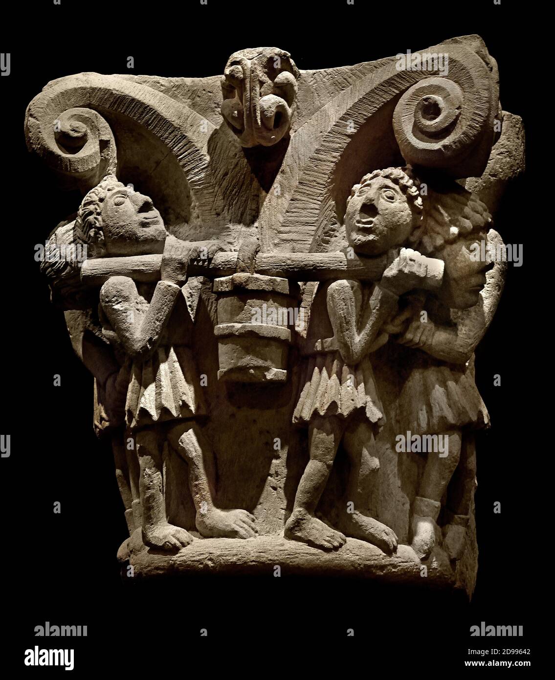 Capitale arenaria romanica (11 °-12 ° secolo) Chiesa di Granja de Valdecal (Mave, Palencia) Spagna, spagnolo., Foto Stock