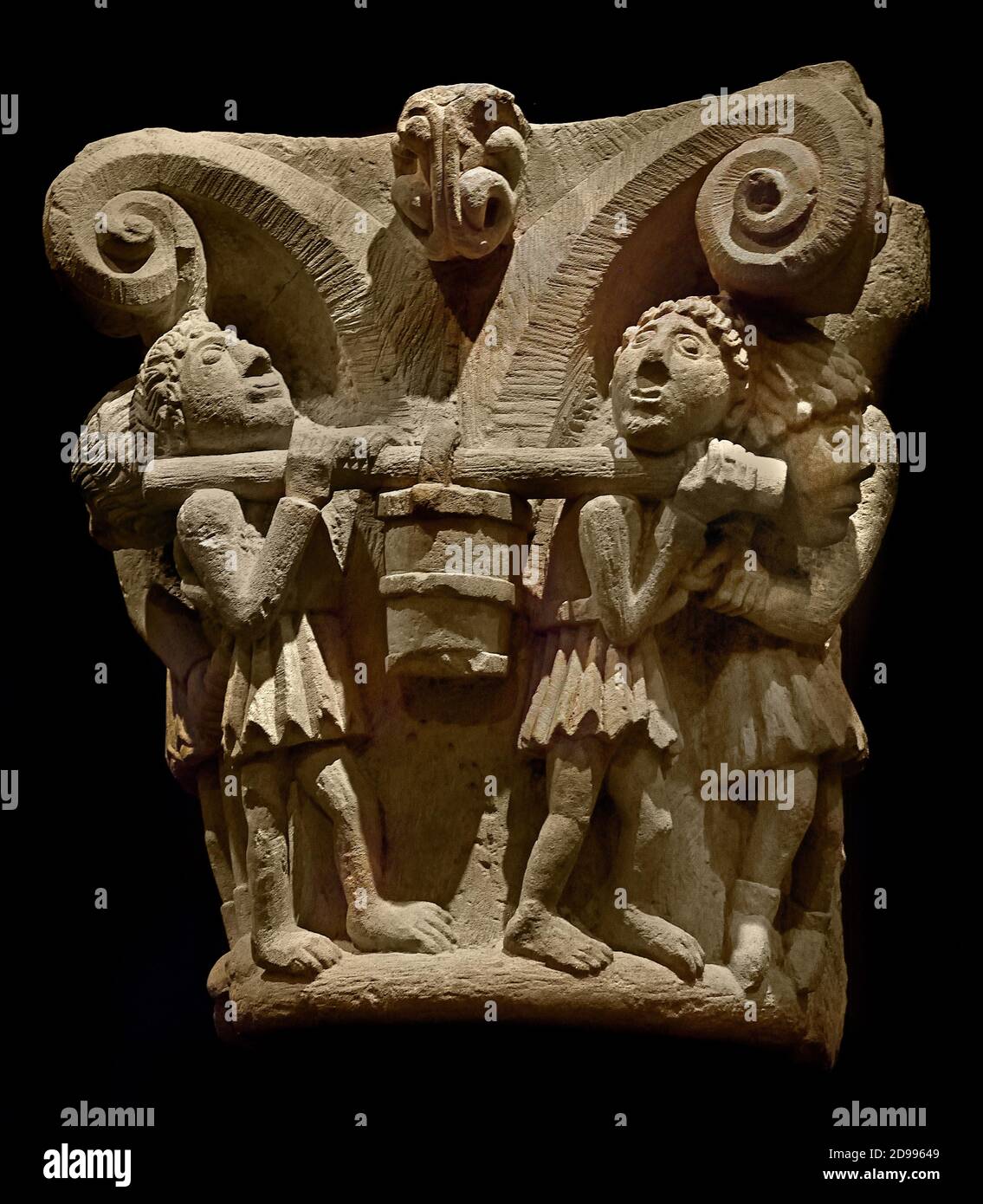 Capitale arenaria romanica (11 °-12 ° secolo) Chiesa di Granja de Valdecal (Mave, Palencia) Spagna, spagnolo., Foto Stock