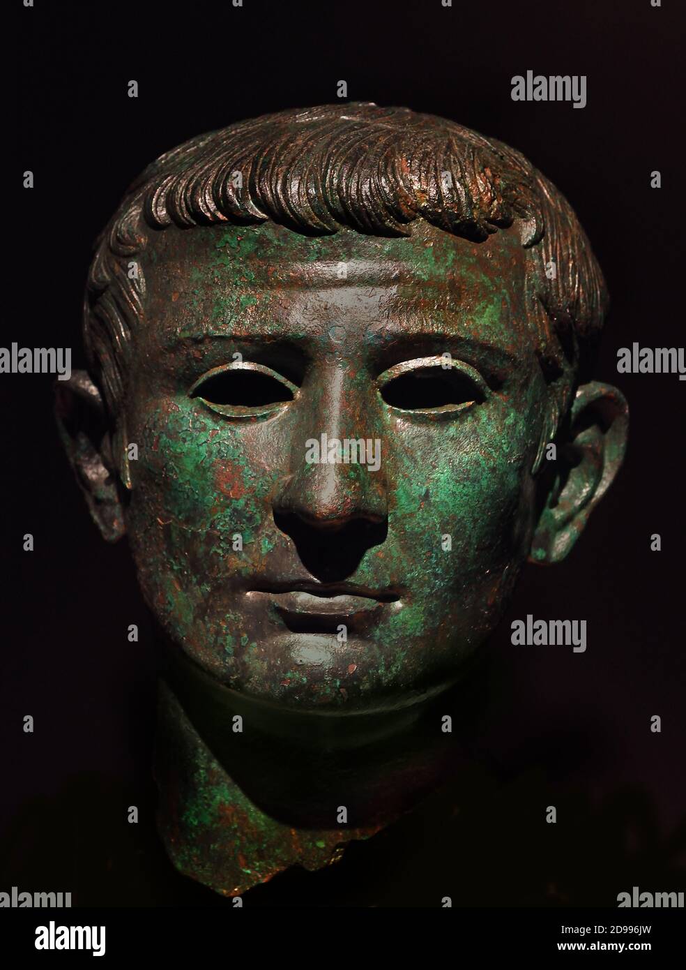 Imperatore romano, Tiberio (42 AC-37 AC). Capo. Bronzo. Trovato a Tiermes, (testa di bronzo statua con occhi vuoti) Madrid, Museo Archeologico Nazionale, Spagna, Foto Stock