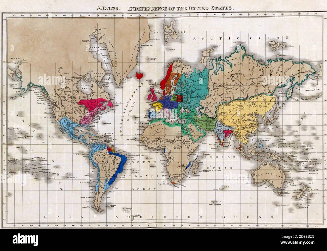 Mappa del mondo a Independence of the United States nel 1783 da un antico atlante, fuori dal diritto d'autore Foto Stock