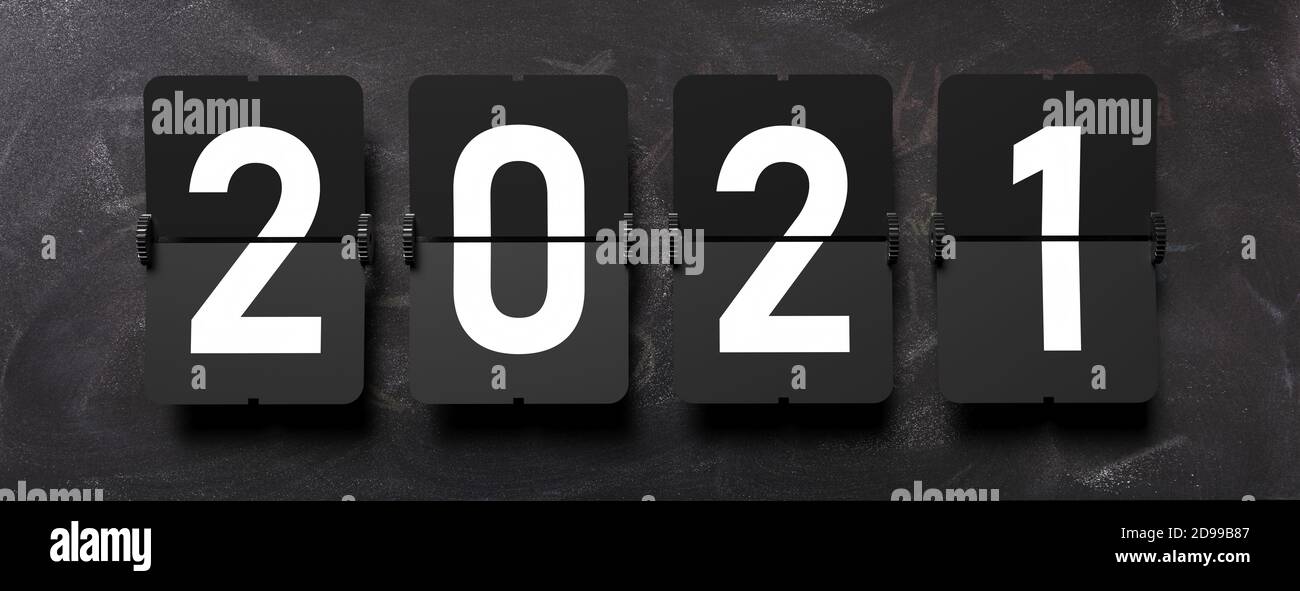 2021 nuovo anno, aeroporto split flap display carattere pannello solare, cifre di colore bianco, sfondo nero, banner. Festa di Capodanno. 3d il Foto Stock