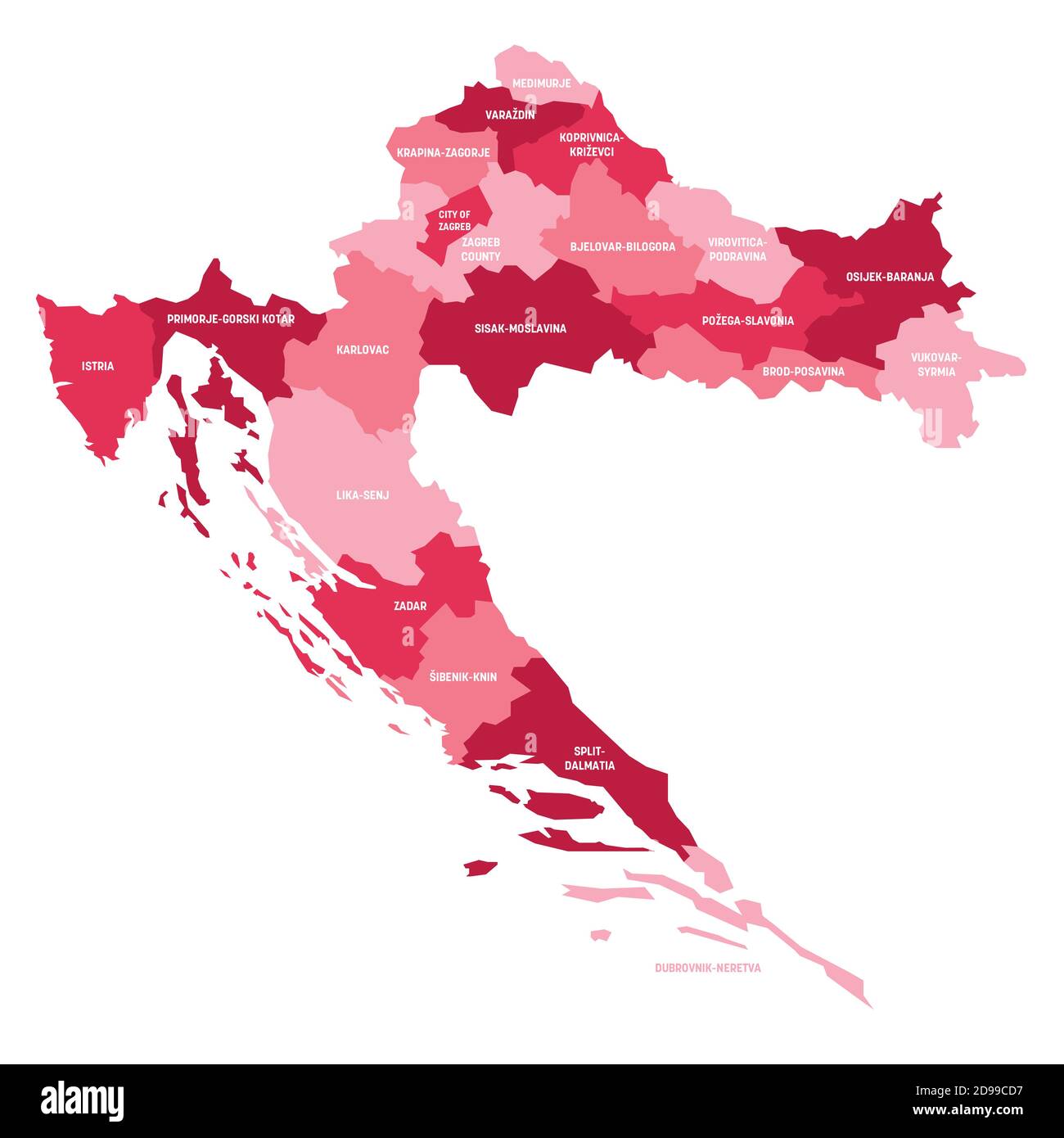 Mappa politica rosa della Croazia. Divisioni amministrative - contee. Semplice mappa vettoriale piatta con etichette. Illustrazione Vettoriale