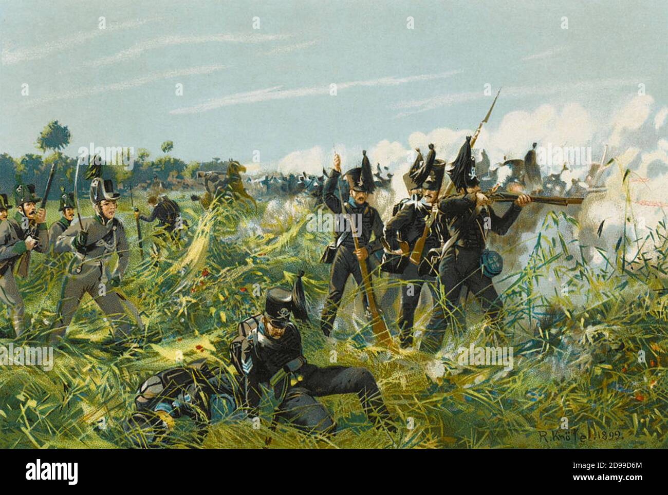 BATTAGLIA DI QUATRE BRAS 16 GIUGNO 1815. Un preliminare alla battaglia principale di Waterloo due giorni dopo. Brunswick Fanteria avanzando in una litografia del 1899 dell'artista tedesco Richard Knötel Foto Stock