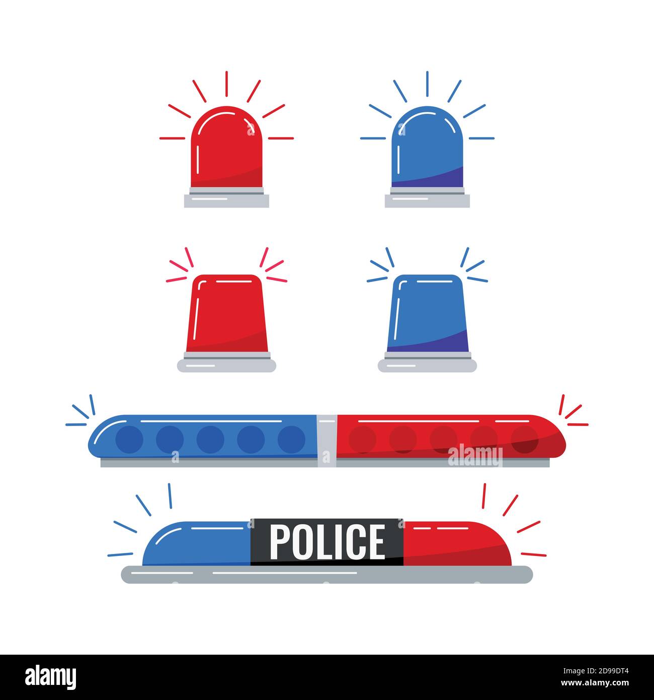 Polizia auto luci blu rosso impostare isolato su sfondo bianco. Illustrazione Vettoriale