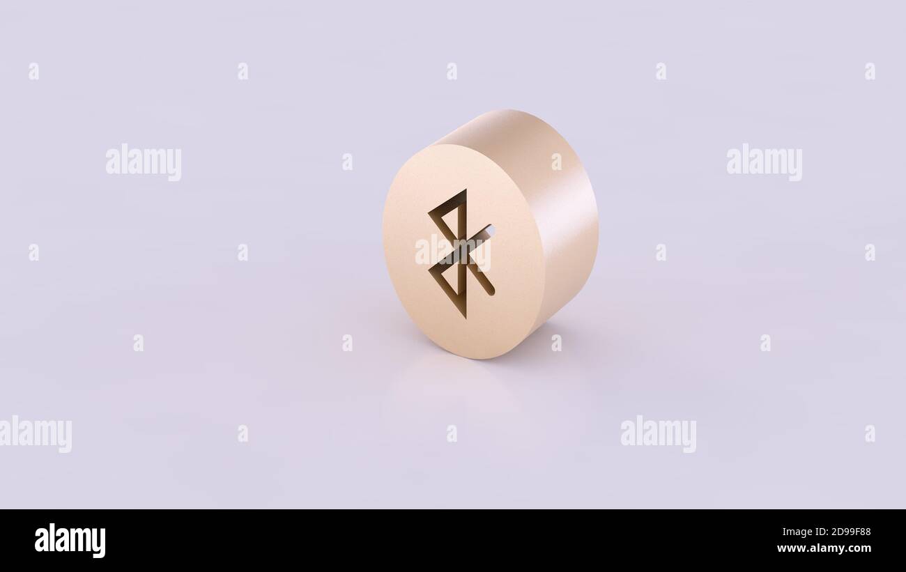 Sezione di un cilindro di colore dorato isolata in 3D vista laterale contenente icone tecnologiche. Su sfondo bianco. Foto Stock