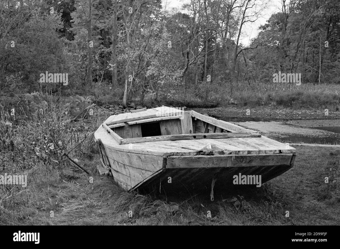 Una barca di legno bianco d'epoca abbandonata riposa in erba alta sulla riva del fiume Saugus presso la Saugus Iron Works. La Saugus Iron Works (originariamente Foto Stock