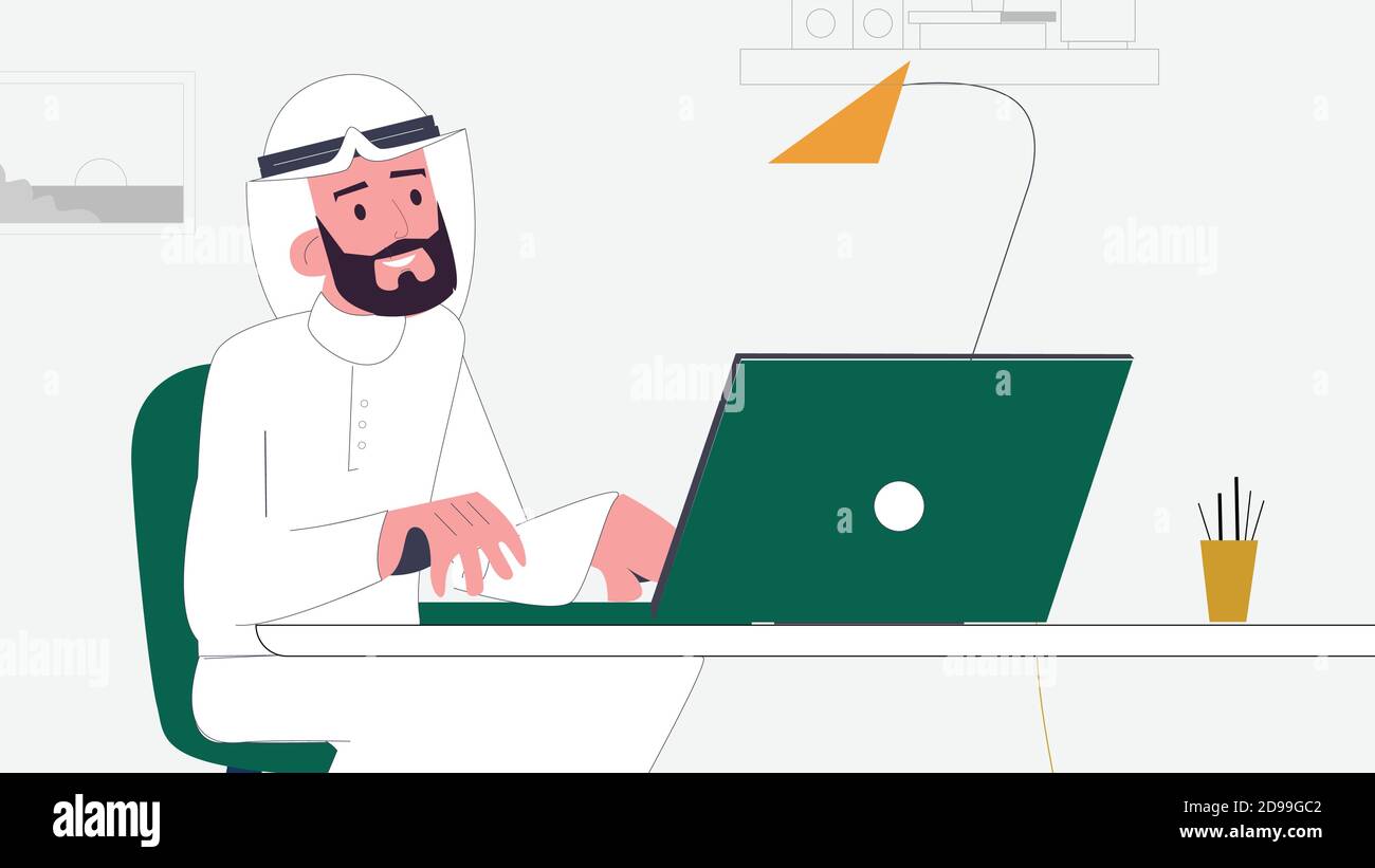 Uomo Saudita che lavora su un computer portatile. Illustrazione Vettoriale