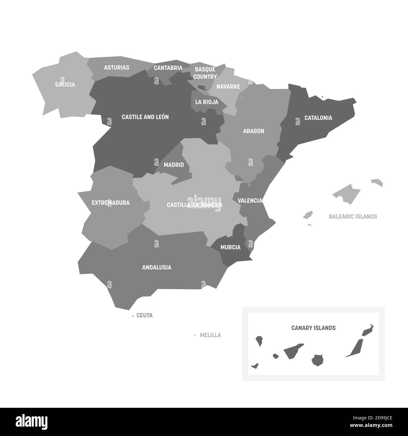 Mappa politica grigia della Spagna. Divisioni amministrative - comunità autonome. Semplice mappa vettoriale piatta con etichette. Illustrazione Vettoriale