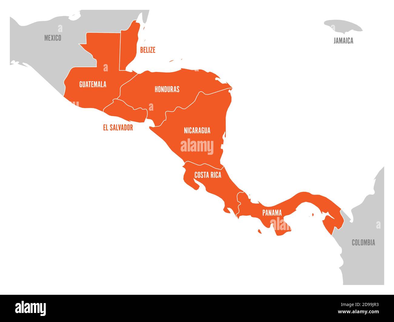 Mappa della regione dell'America centrale con gli stati dell'america centrale evidenziati in rosso. Etichette del nome del paese. Semplice illustrazione vettoriale piatta. Illustrazione Vettoriale