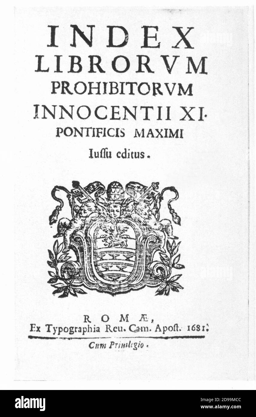 1681 : frontespizio dell' INDEX Librorum proibitorum di Papa INNOCENTIUS XI - frontespizio dell' INDICE dei LIBRI prodotti ' voluto da Papa Innocenzo XI ( Benedetto Odescalchi , Como 1611 - Roma 1689 ) , tra cui si proibiva Nicolò KOPERNICO (Nicola - Nikolaj Kopernik ) E Niccolò MACHIAVELLI - CENSURA - CENSURA - Eliocentrismo - cosmologia eliocentrica - scienza - oscorantismo - illuminismo ---- Archivio GBB Foto Stock