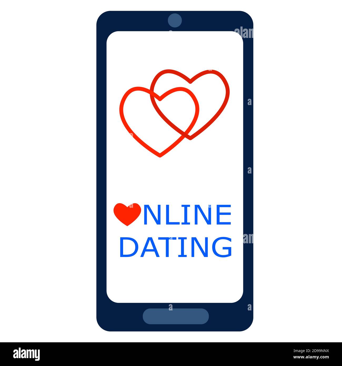 Online dating concetto. Smartphone con due cuori sullo schermo. Applicazione mobile per relazioni a lunga distanza. Illustrazione vettoriale. Illustrazione Vettoriale