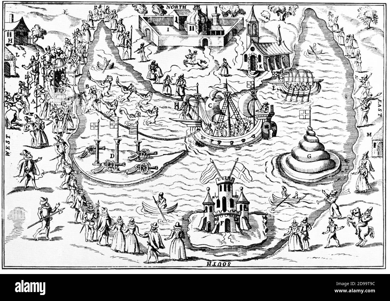 1591 , GRAN BRETAGNA : l'intrattenimento DI ELISABETTA i (1533 - 1603 ) , regina d'Inghilterra dal 1558 al 1603 , figlia di re Enrico VIII e di Anna Bolena , incisione a cui si fa riferimento ispirata DA WILLIAM SHAKESPEARE (1564 - 1616 ) Nel SOGNO DI UNA NOTTE DI MEZZA ESTATE - COMMEDIOGRAFO - playwriter - poeta - letteratura - letteratura - TEATRO - TEATRO - festa - intrattenimento - recita - rappresentazione teatrale - regina ELISABETTA - battaglia navale - battaglia navale - reali - regalità --- Archivio GBB Foto Stock