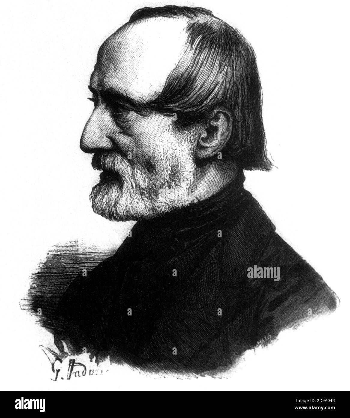Il patriota italiano, politico e scrittore GIUSEPPE MAZZINI ( 1805 - 1872 ), Ritratto inciso di G. Induno - POLITICO - POLITICA - POLITICA - PATRIOTA - SCRITTORE - LETTERATO - LETTERATURA - RISORGIMENTO - profilo - stempiato - stempiatura - assottigliamento ai templi barba bianca - barba bianca - colletto - collare - eroe - eroe -- -- Archivio GBB Foto Stock