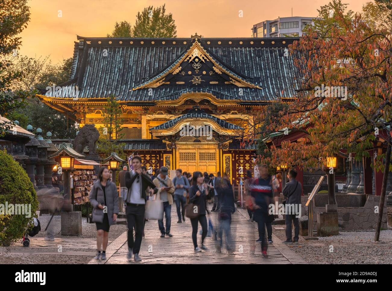 tokyo, giappone - novembre 10 2019: Lanterne illuminanti le lamine d'oro coprì il santuario di Ueno Tōshō-gū classificato come importante proprietà culturale per la sua Kara Foto Stock