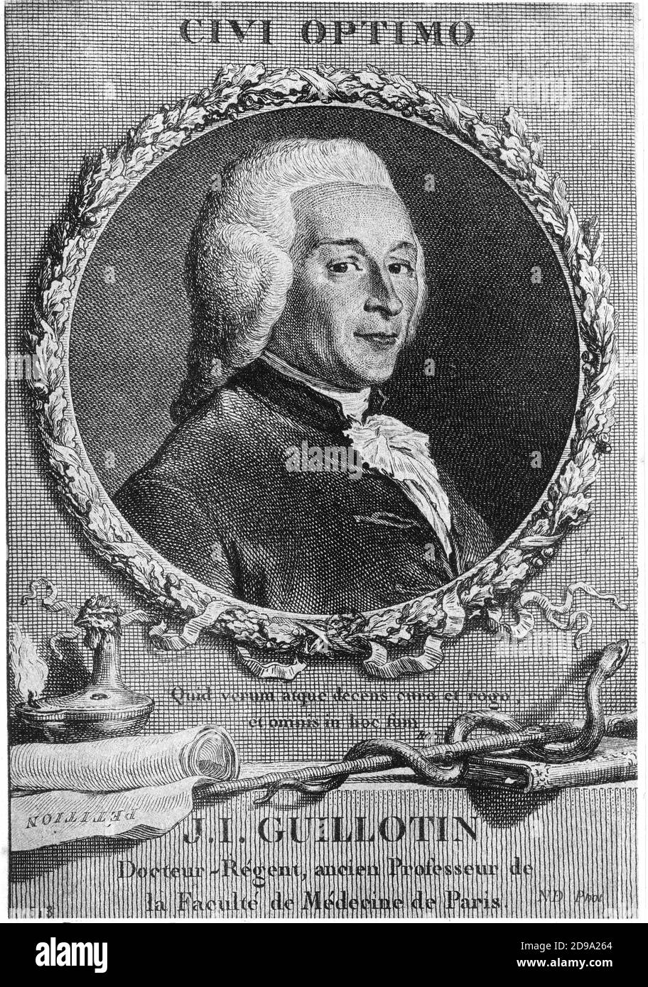 1800 ca , FRANCIA : lo scienziato illuminista francese e inventore dottor JOS-IGNACE GUILLOTIN ( 1738 - 1814 ). Era un medico che proponeva, il 10 ottobre 1789, l' uso di un dispositivo meccanico per l' esecuzione delle pene di morte in Francia. Mentre non inventò la ghigliottina, e di fatto si oppose alla pena di morte, il suo nome divenne un eponimo per essa . - foto storiche - foto storica - scienziato - scienziato - ritratto - ritratto - FRANCIA - parrucca - parruca - jabot - rouches - incisione - incisione - STORIA - FOTO storiiche - GHIGLIOTTINA - INVENTORE - PENA DI MORTE CAPITALE - civi OPTIMO - ILLUMINISTA Foto Stock