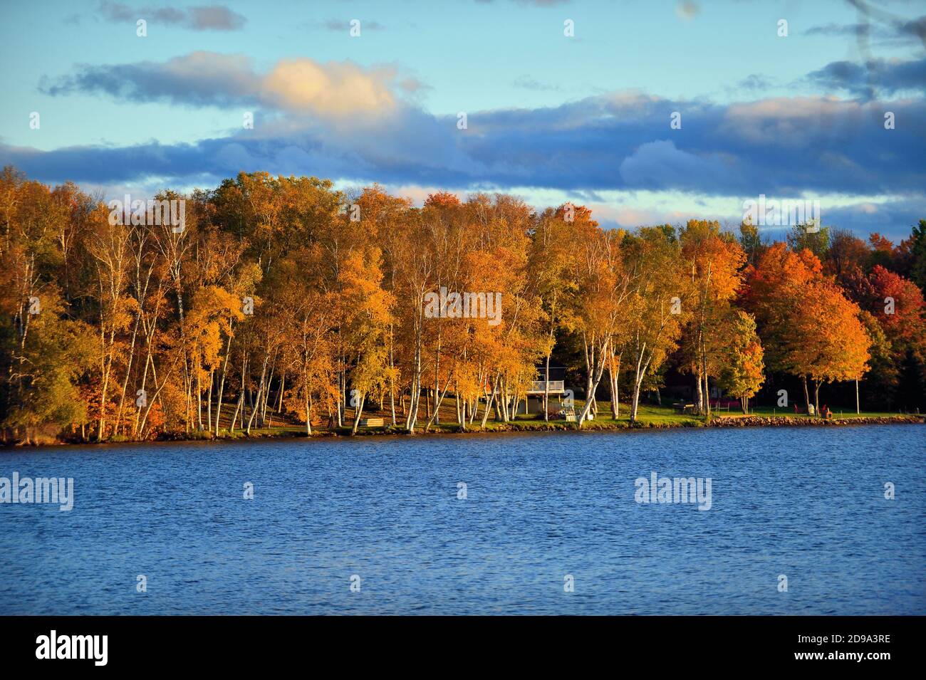 Trout Lake, Michigan, Stati Uniti. L'autunno e il sole nel tardo pomeriggio scenderanno su un tratto di costa lungo il lago Trout nella penisola superiore del Michigan. Foto Stock