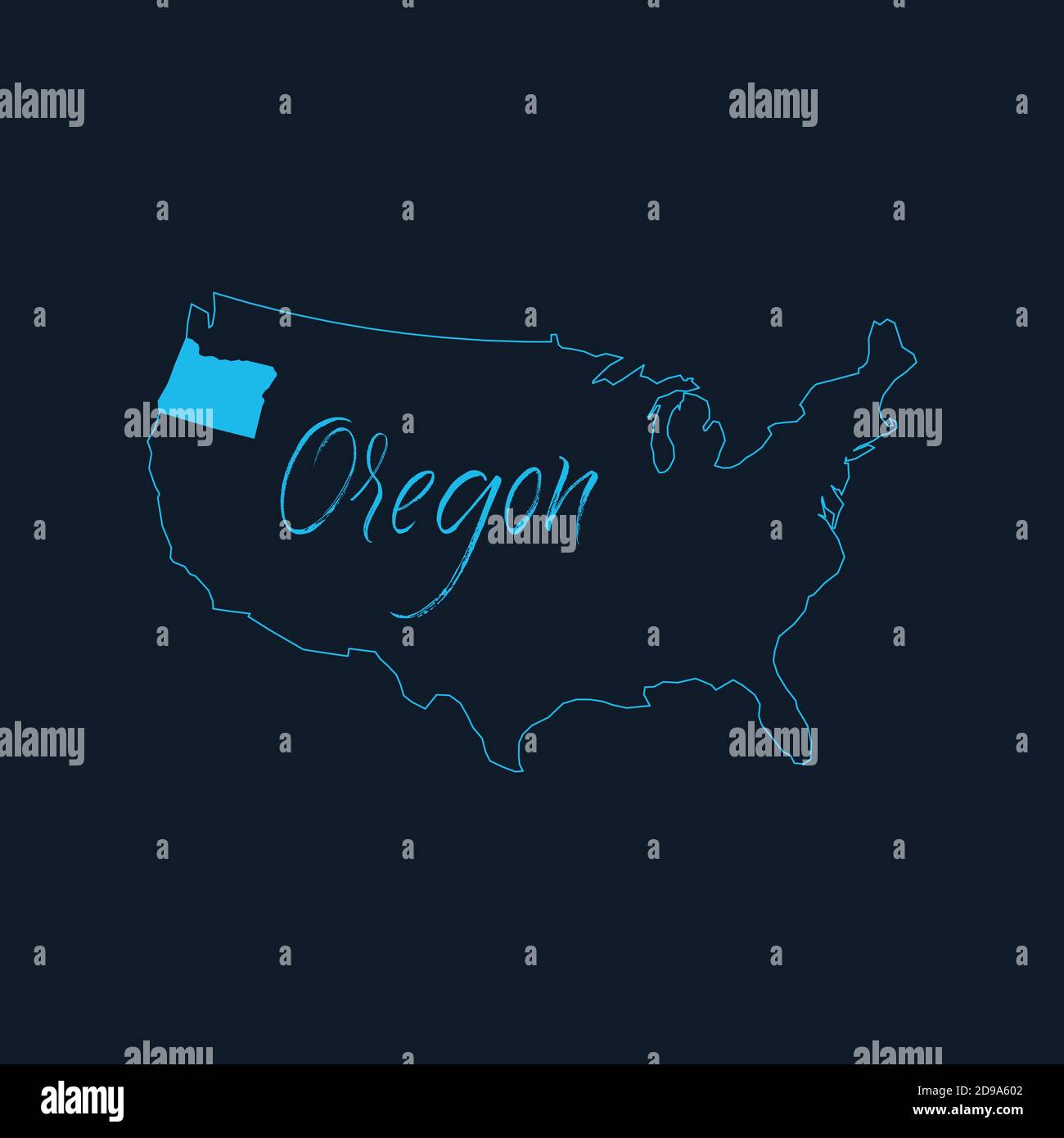 Stato dell'Oregon evidenziato sulla mappa degli Stati Uniti d'America , modello infografico degli Stati Uniti. Illustrazione vettoriale dello stock isolata su sfondo blu. Illustrazione Vettoriale