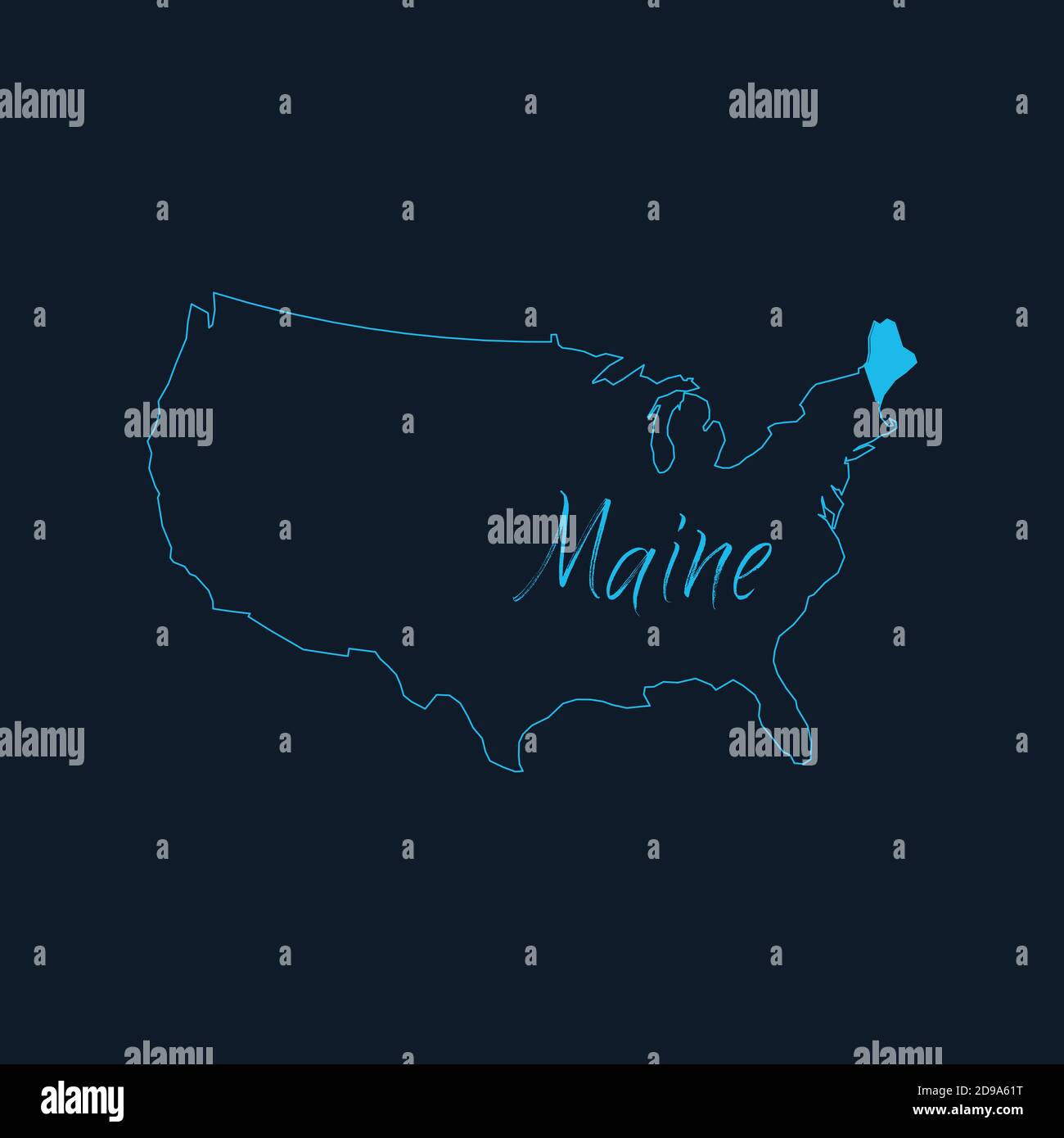 Stato del Maine evidenziato sulla mappa degli Stati Uniti d'America , modello infografico degli Stati Uniti. Illustrazione vettoriale dello stock isolata su sfondo blu. Illustrazione Vettoriale