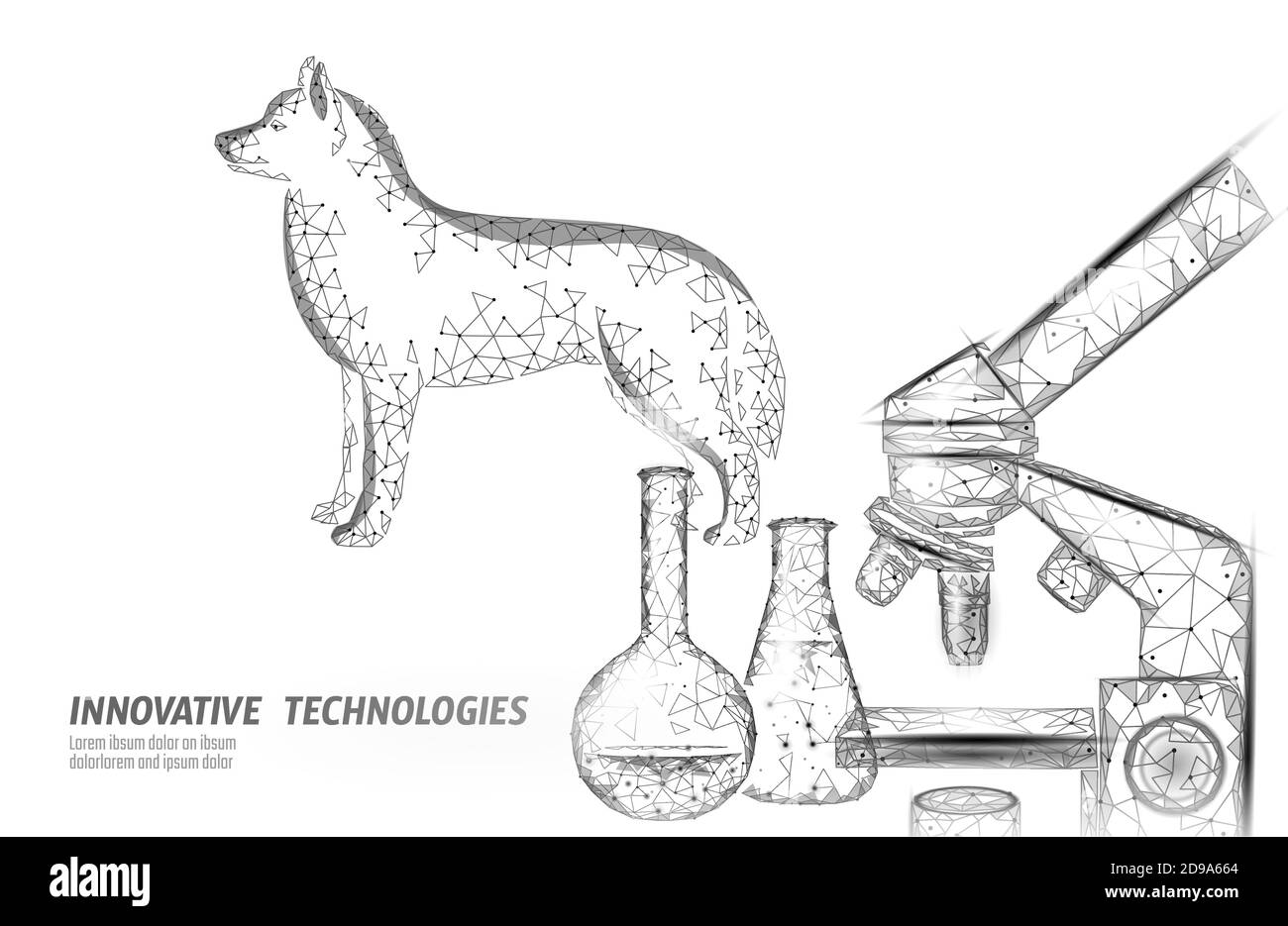 Cane PET in piedi con laboratorio microscopio. Compagno di silhouette a forma di cane 3D poligonale basso. Illustrazione vettoriale del modello del banner del centro medico animale Illustrazione Vettoriale