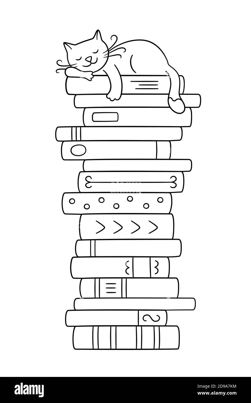 Una pila di libri con un gatto dormiente. Carino gattino dormire sul palo libri. Illustrazione vettoriale Illustrazione Vettoriale