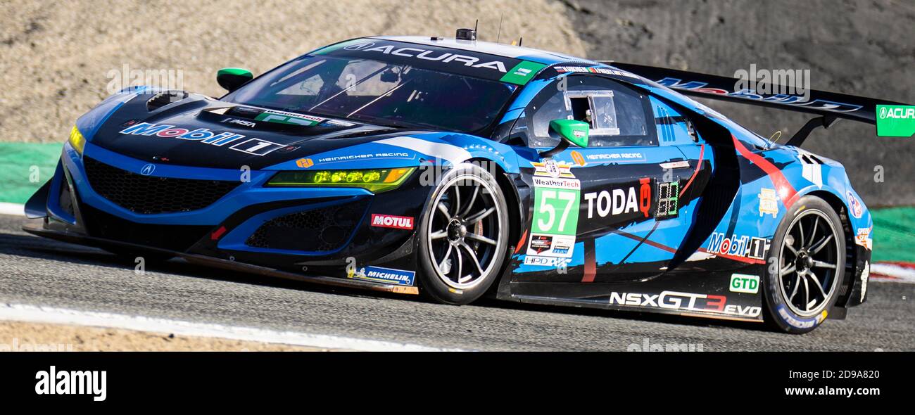 Novembre 01 2020 Monterey, CA, U.S.A., Heingrefer Racing con MSR Curb-Agajanian n. 57 piloti A. Parente/M. Goikhberg entra nella curva di rainey durante il campionato di auto sportive Hyundai Monterey al Weathertech Laguna Seca Monterey, CA Thurman James/CSM Foto Stock