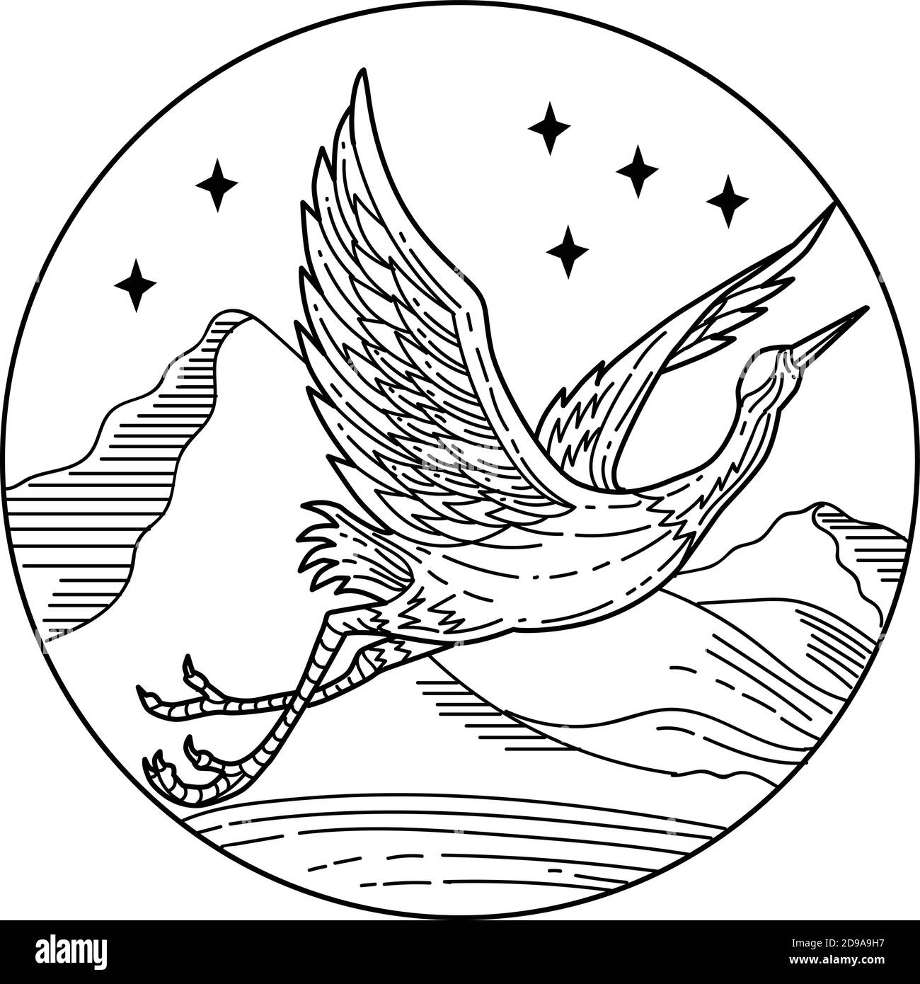 Immagine in bianco e nero di una linea mono di grande airone blu volare visto dal lato all'interno del cerchio con stelle e montagne su isolato Illustrazione Vettoriale