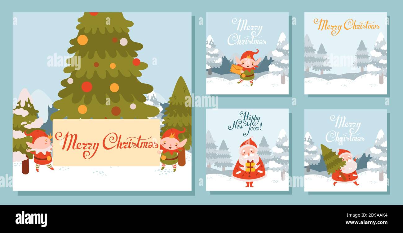 Set di illustrazioni della piazza di Natale con Santa e elfi. Paesaggio invernale Illustrazione Vettoriale