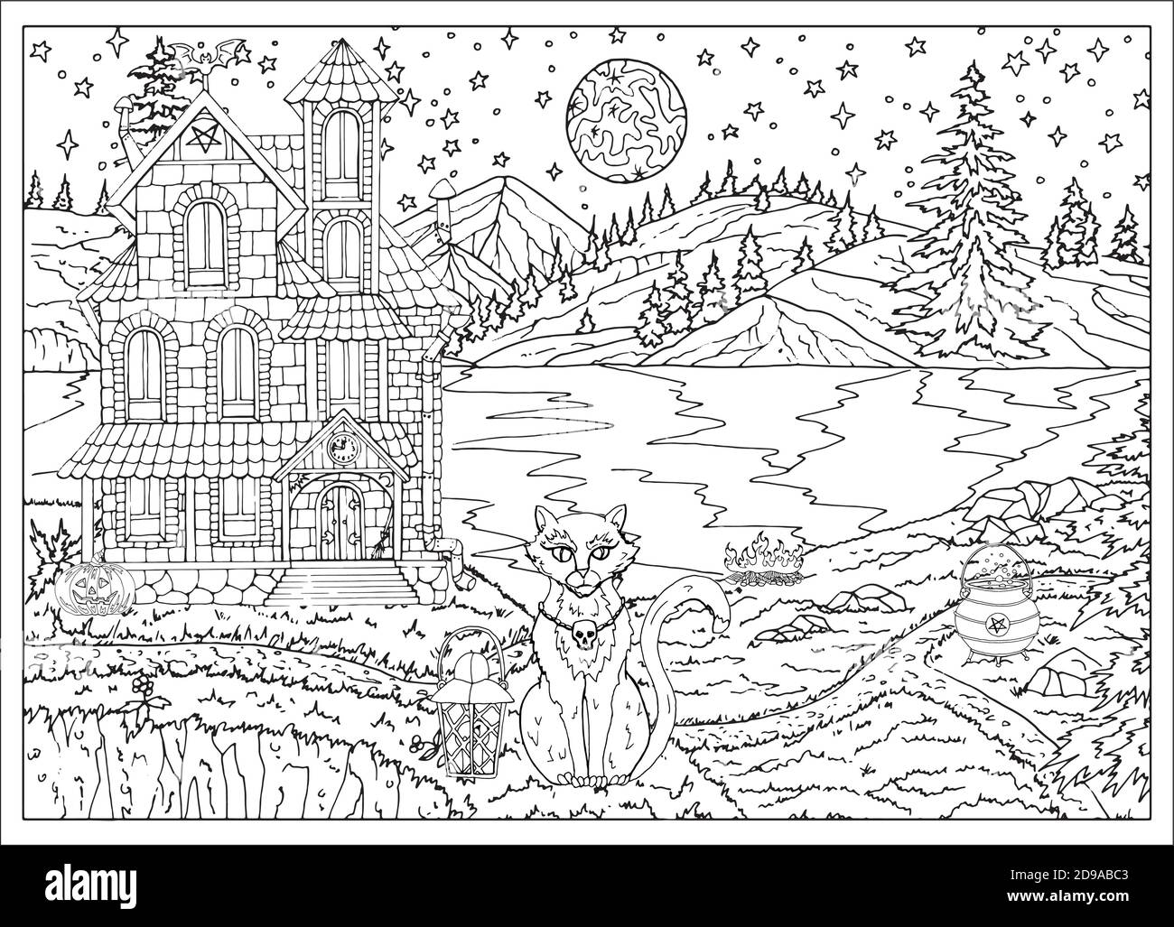 Halloween scena spooky con casa, gatto, lago, alberi di notte con luna piena. Illustrazione vettoriale disegnata a mano per colorare pagina e libro. Nero e bianco Illustrazione Vettoriale
