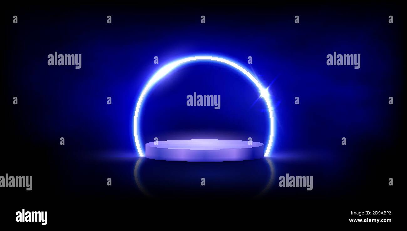 Cerchio blu al neon incandescente con scintille in nebbia sul podio. Cornice luminosa rotonda astratta su sfondo nero. Vettore di design geometrico di moda Illustrazione Vettoriale