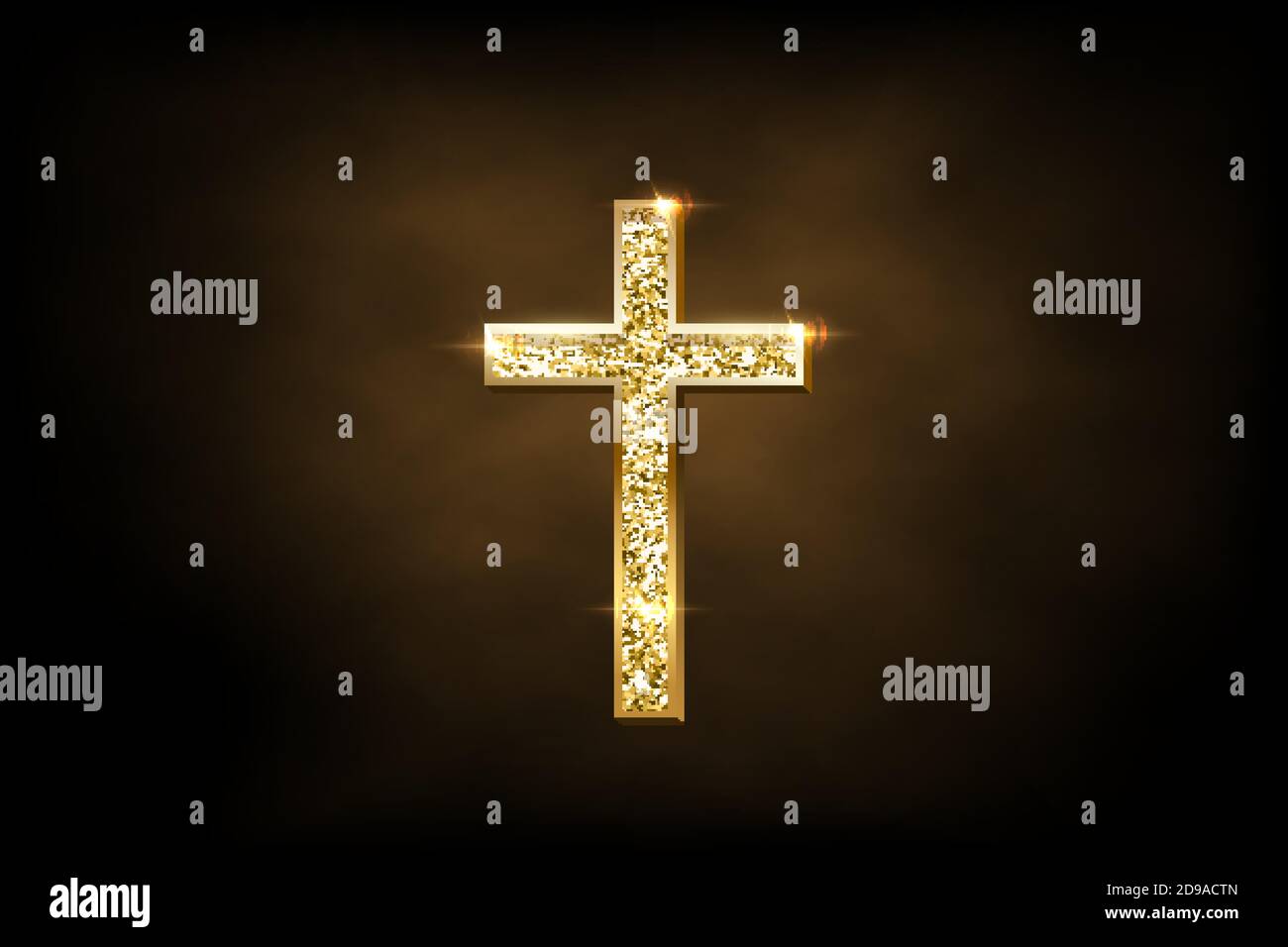 Simbolo del crocifisso religioso su sfondo marrone nebbia. Croce ortodossa dorata e brillante vettoriale Illustrazione Vettoriale