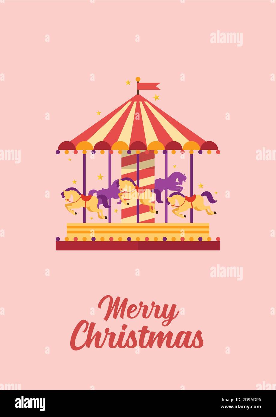 Allegro biglietto d'auguri natalizio carosello colorato con cavalli. Allegro-go-round. Divertente carnevale illustrazione vettoriale Illustrazione Vettoriale